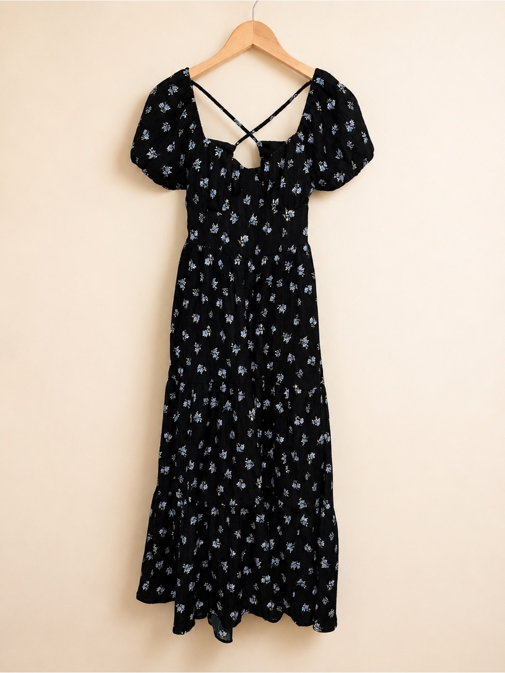 American Eagle Outfitters Black Midi Dress with Light Blue Floral Print